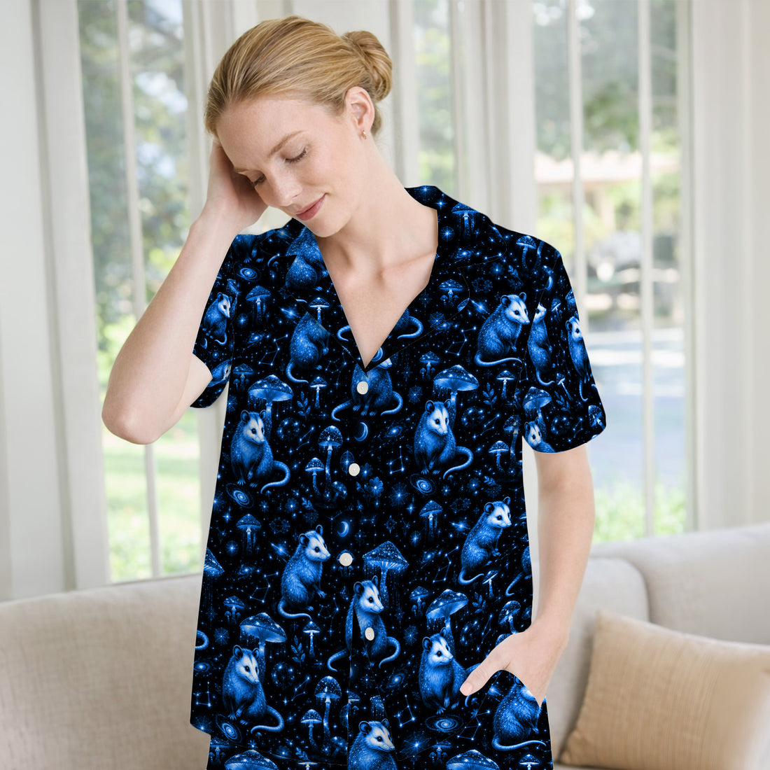 Celestial Blue Opossum With Mushroom Pattern Pajama Set, Soft Breathable Fabric Comfortable Sleepwear