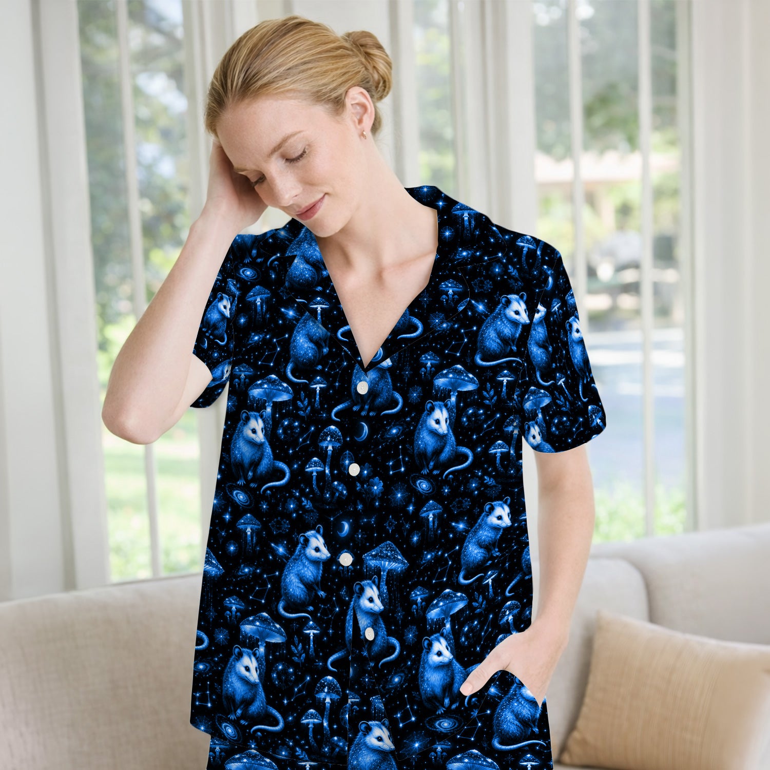 Celestial Blue Opossum With Mushroom Pattern Pajama Set, Soft Breathable Fabric Comfortable Sleepwear