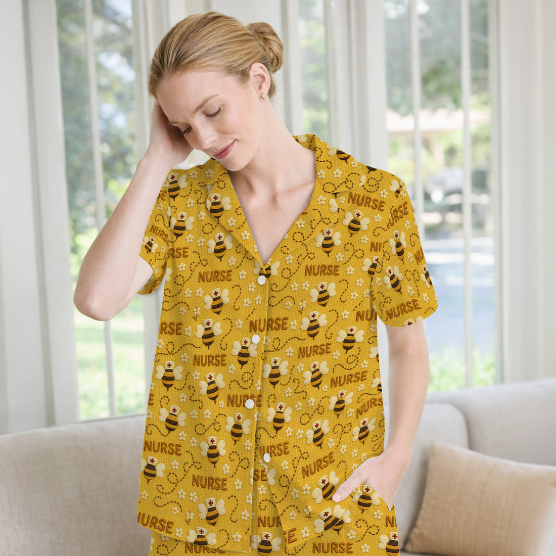 Honey Bee Nurse Scrub Top – Cute Bumblebee Medical Pattern Pajama Set, Soft Breathable Fabric Comfortable Sleepwear