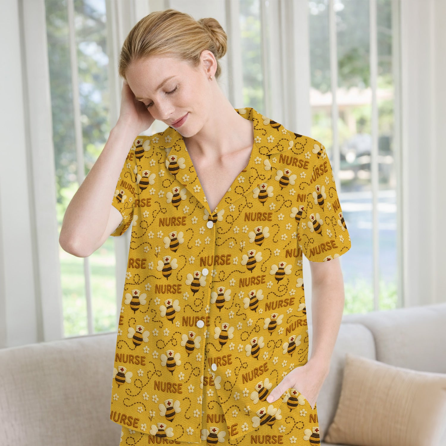 Honey Bee Nurse Scrub Top – Cute Bumblebee Medical Pattern Pajama Set, Soft Breathable Fabric Comfortable Sleepwear