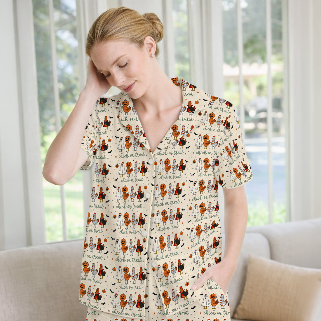Funny Chick Or Treat Season Pajama Set, Soft Breathable Fabric Comfortable Sleepwear
