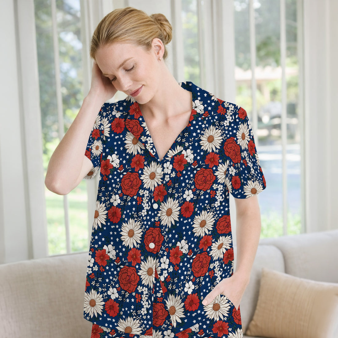 Red White Blue Floral Pattern Pajama Set, Soft Breathable Fabric Comfortable Sleepwear