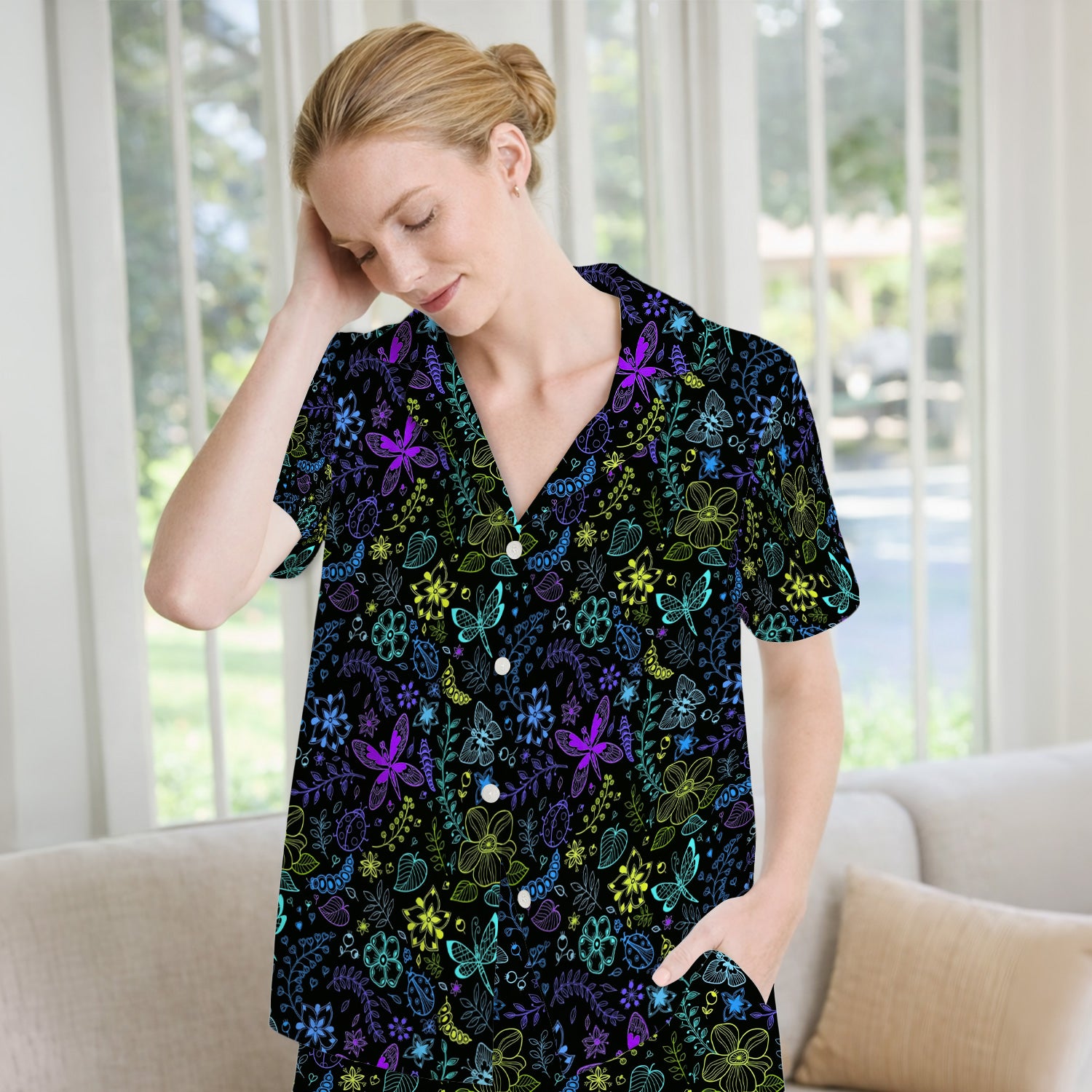 Neon Butterfly and Floral Garden Pattern Pajama Set, Breathable Fabrics Uniform