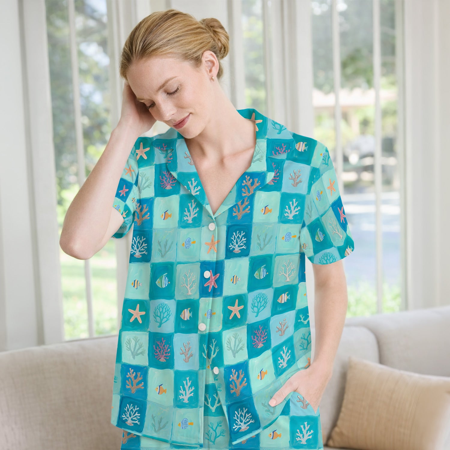 Ocean Coral Fish Starfish Checkered Pattern Pajama Set, Soft Breathable Fabric Comfortable Sleepwear