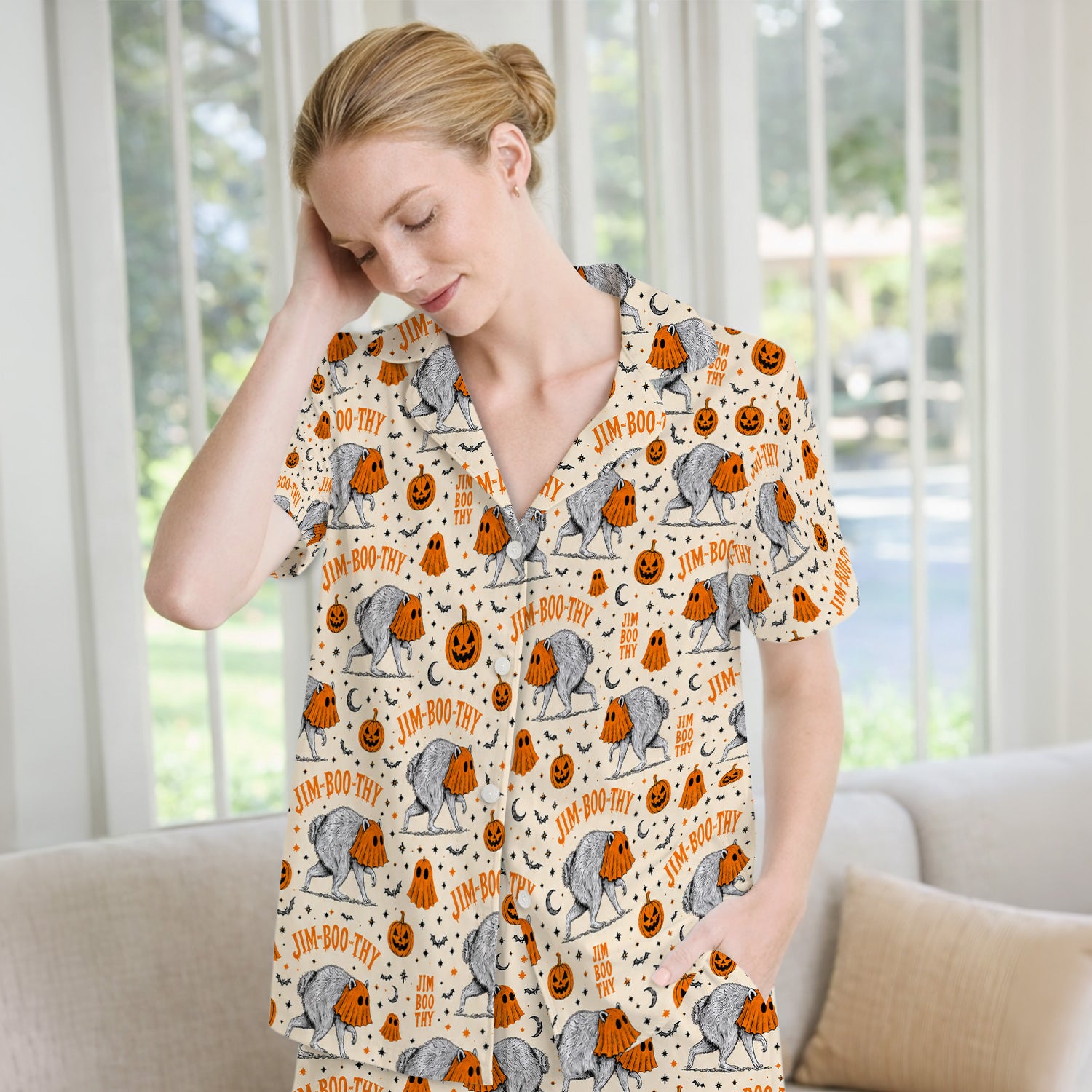 Funny Halloween Ghost Jimothy Pattern Pajama Set, Soft Breathable Fabric Comfortable Sleepwear