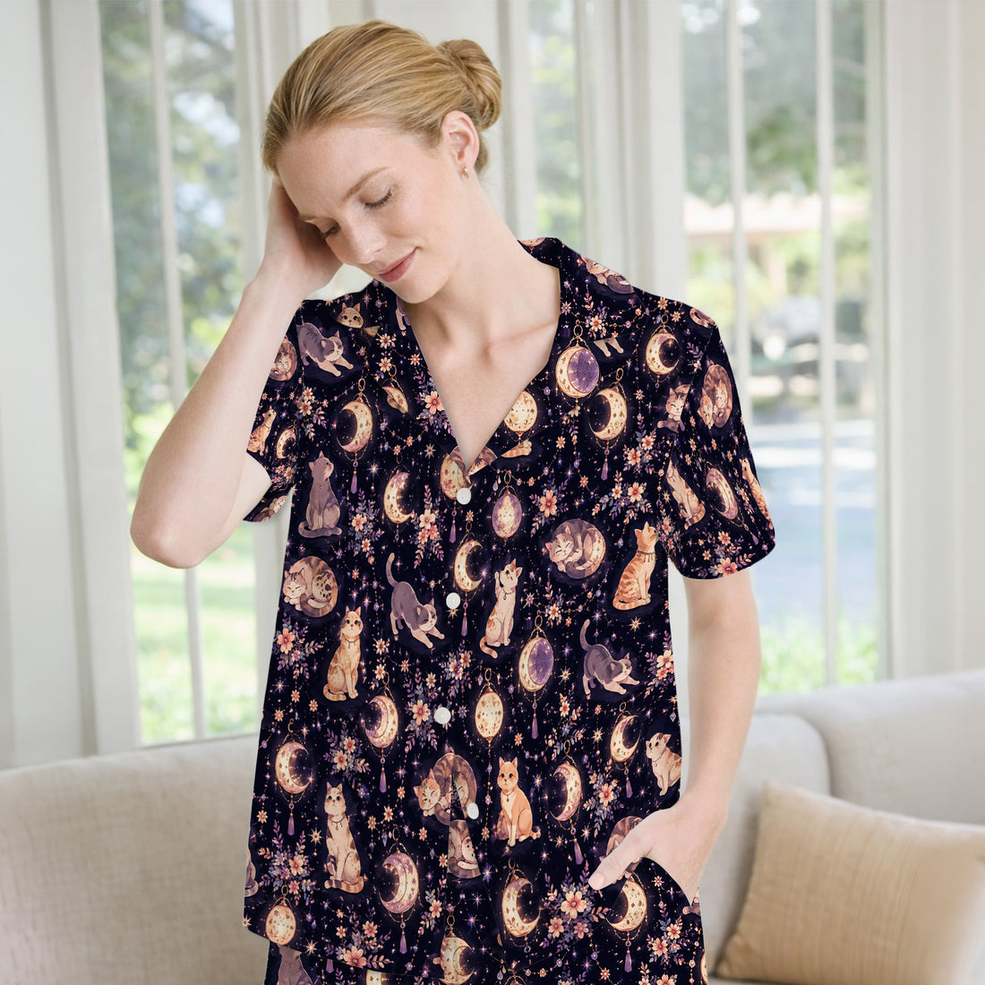 Celestial Cat Pattern Pajama Set, Soft Breathable Fabric Comfortable Sleepwear