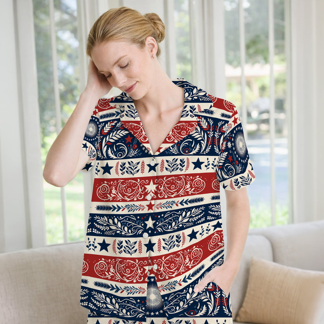 Patriotic Americana Starburst Floral Pattern Pajama Set, Soft Breathable Fabric Comfortable Sleepwear