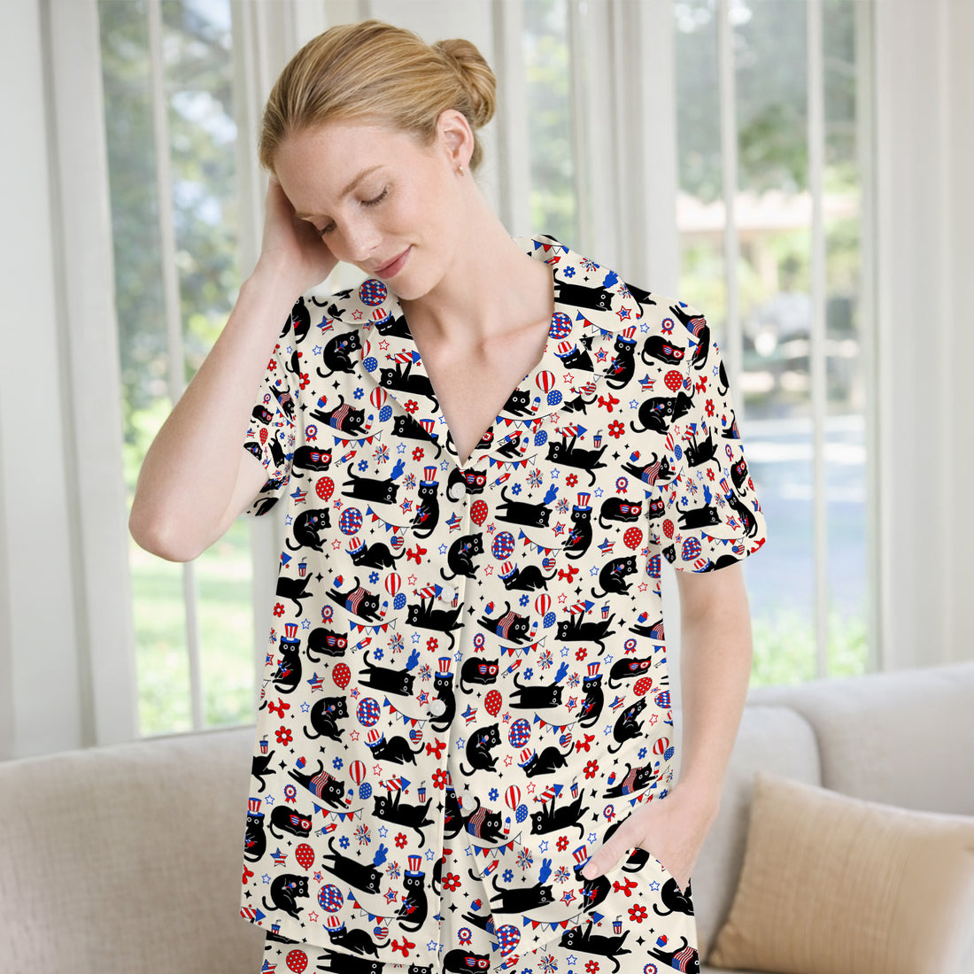 Patriotic Black Cat Pattern Pajama Set, Soft Breathable Fabric Comfortable Sleepwear