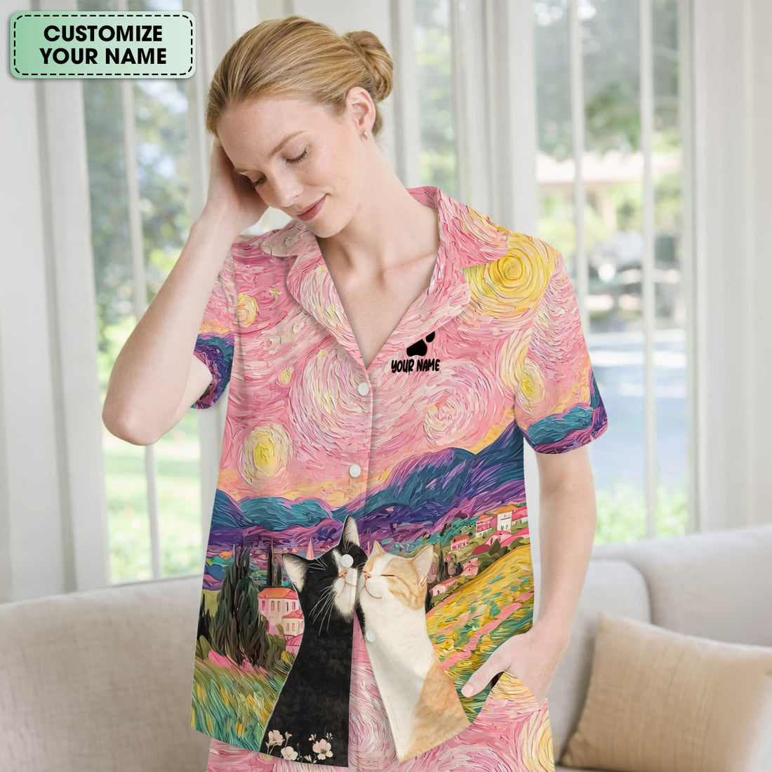 Personalized Cat Couple Sunset Swirl Sky Landscape Pattern Pajama Set, Soft Breathable Fabric Comfortable Sleepwear