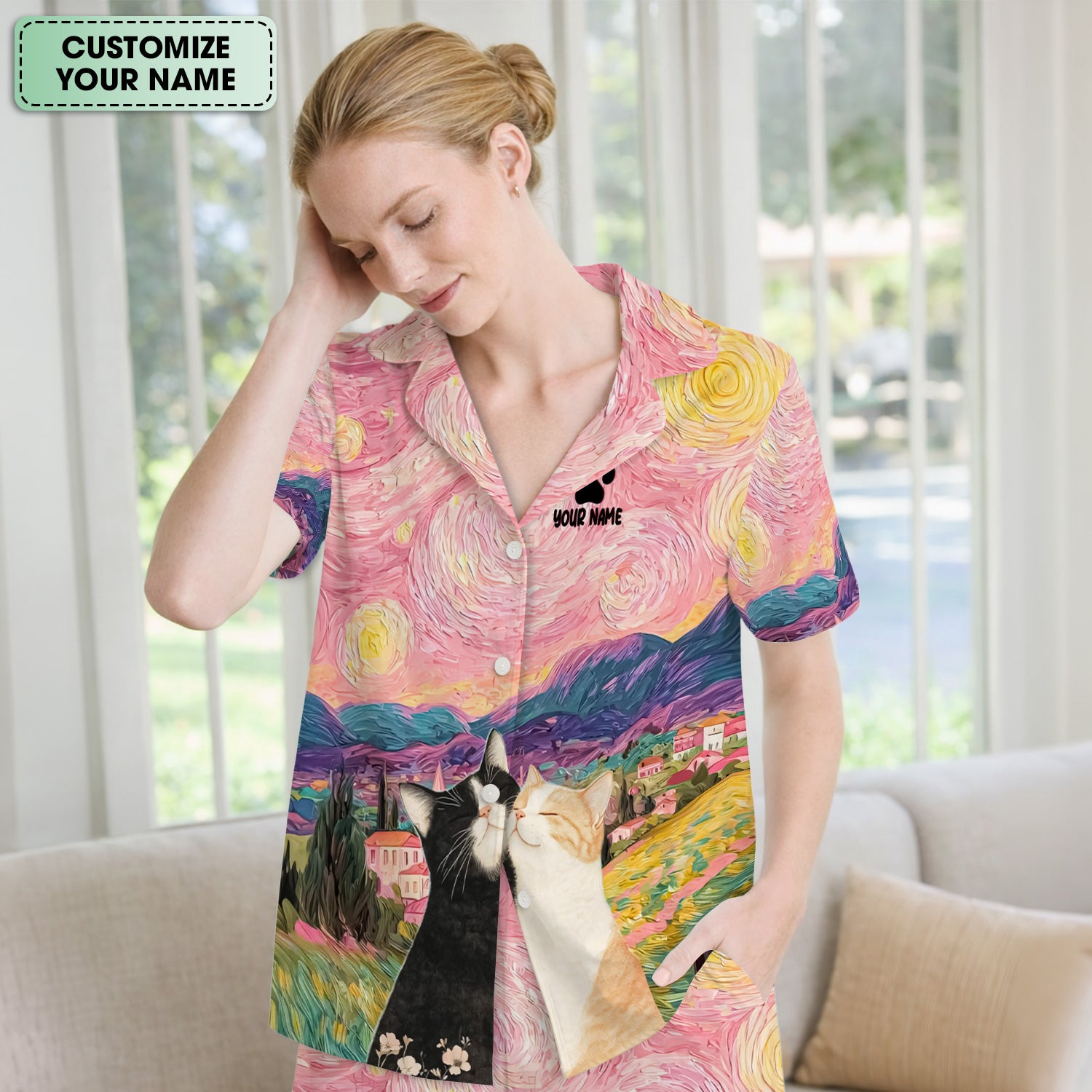 Personalized Cat Couple Sunset Swirl Sky Landscape Pattern Pajama Set, Soft Breathable Fabric Comfortable Sleepwear