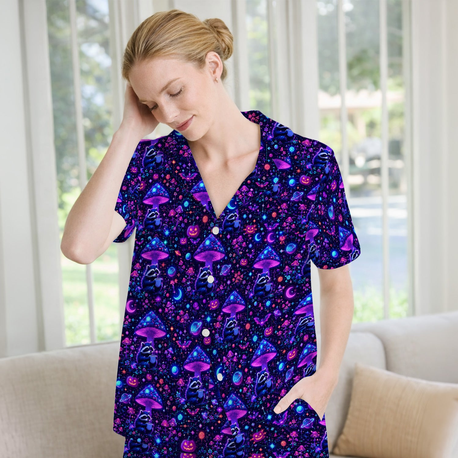 Halloween Raccoon And Mushrooms Pajama Set, Soft Breathable Fabric Comfortable Sleepwear