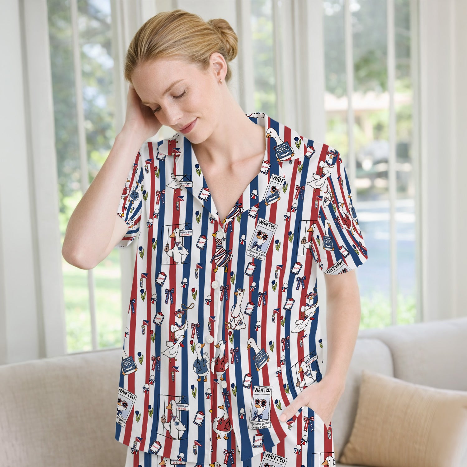 Funny Patriotic Goose Nurse Pattern Pajama Set, Soft Breathable Fabric Comfortable Sleepwear