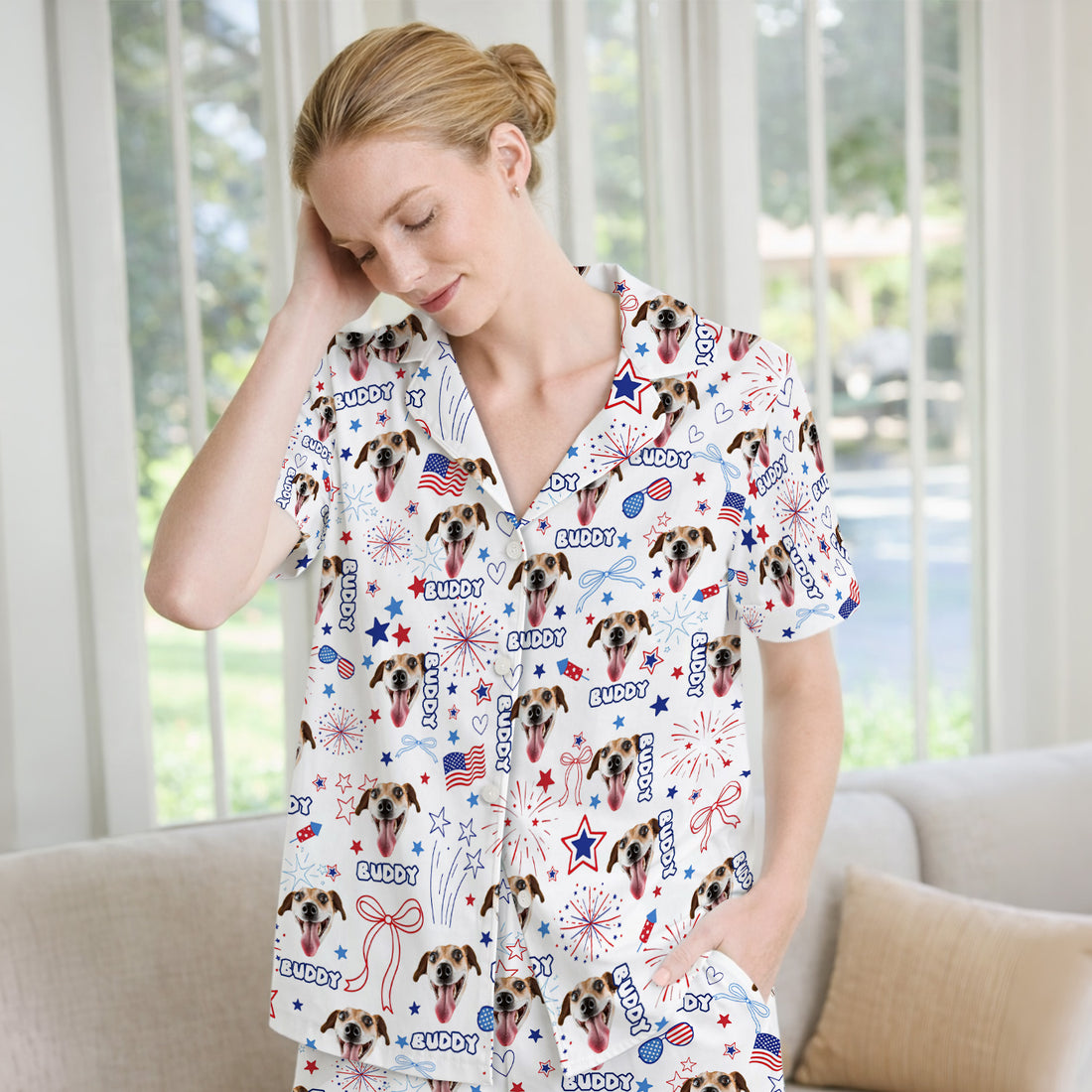 Personalized Patriotic Dog Face Name Pattern Pajama Set, Soft Breathable Fabric Comfortable Sleepwear