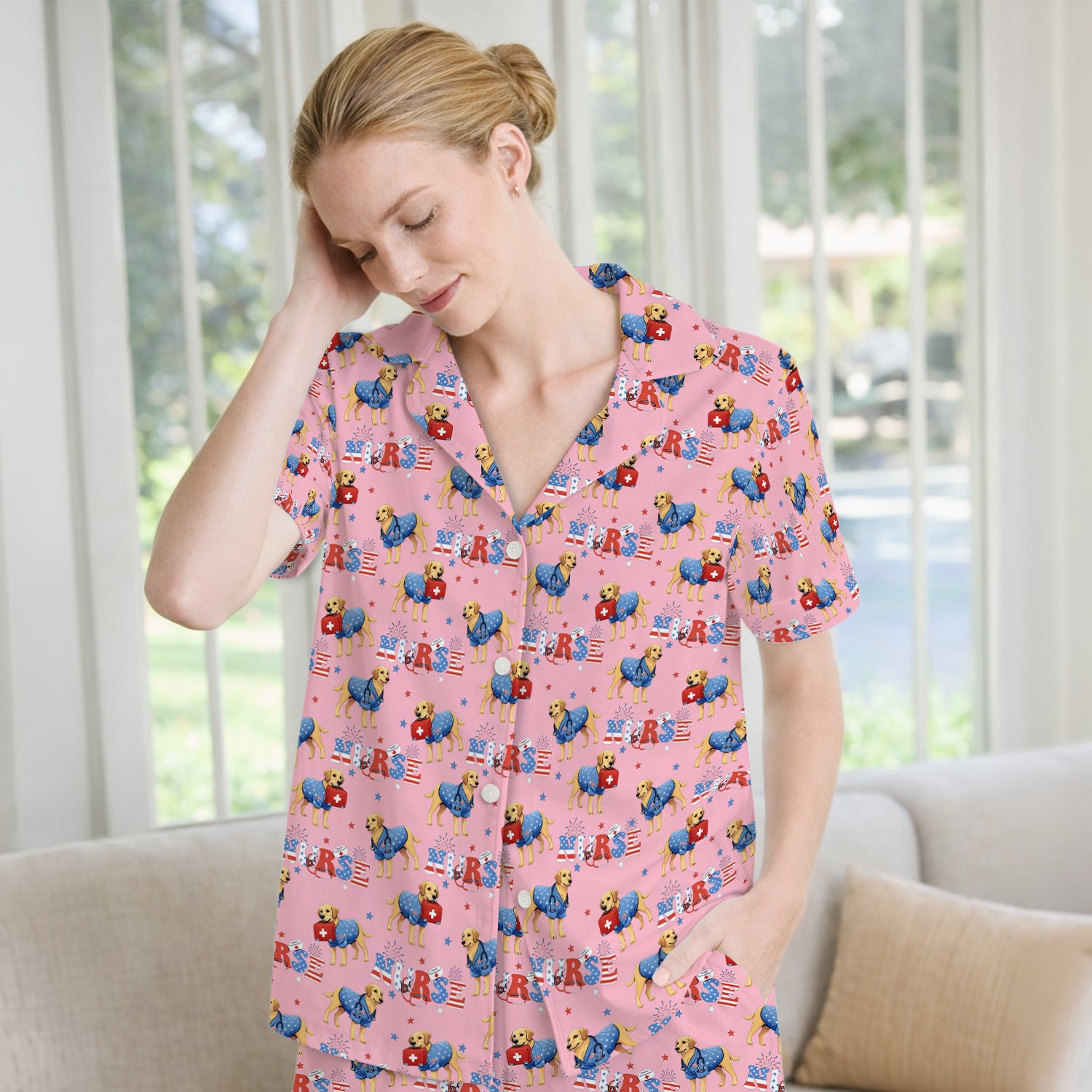 Patriotic Nurse Dog Medical Pattern Pajama Set, Breathable Fabrics Uniform