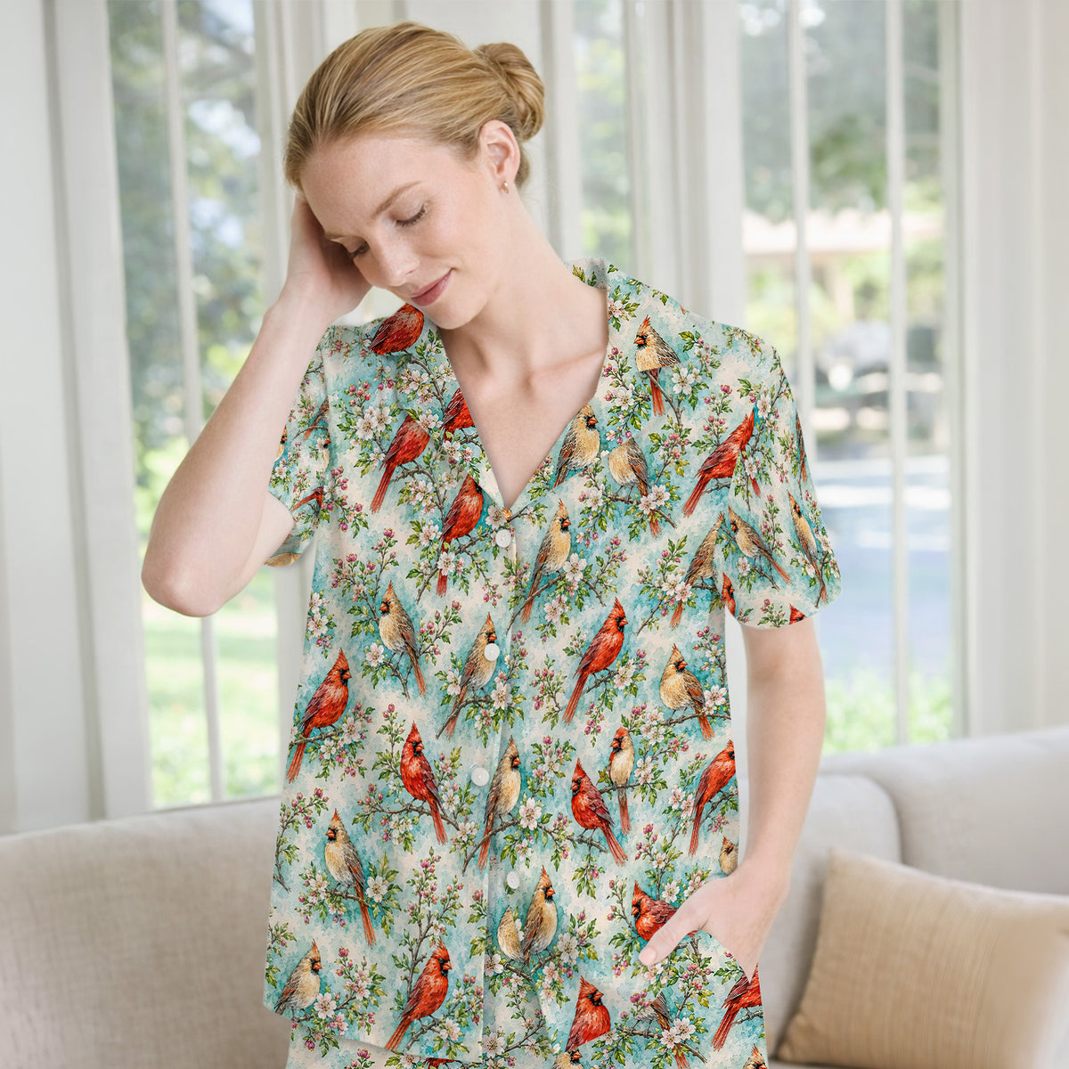 Cardinal Blossom Branch Pattern Pajama Set, Soft Breathable Fabric Comfortable Sleepwear