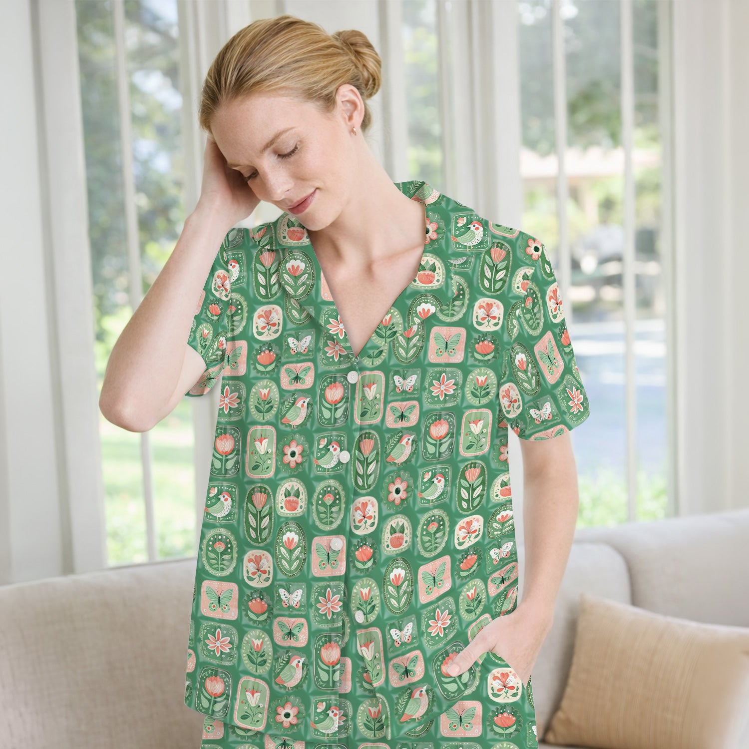 Folk Art Floral Bird Butterfly Garden Pattern Pajama Set, Soft Breathable Sleepwear