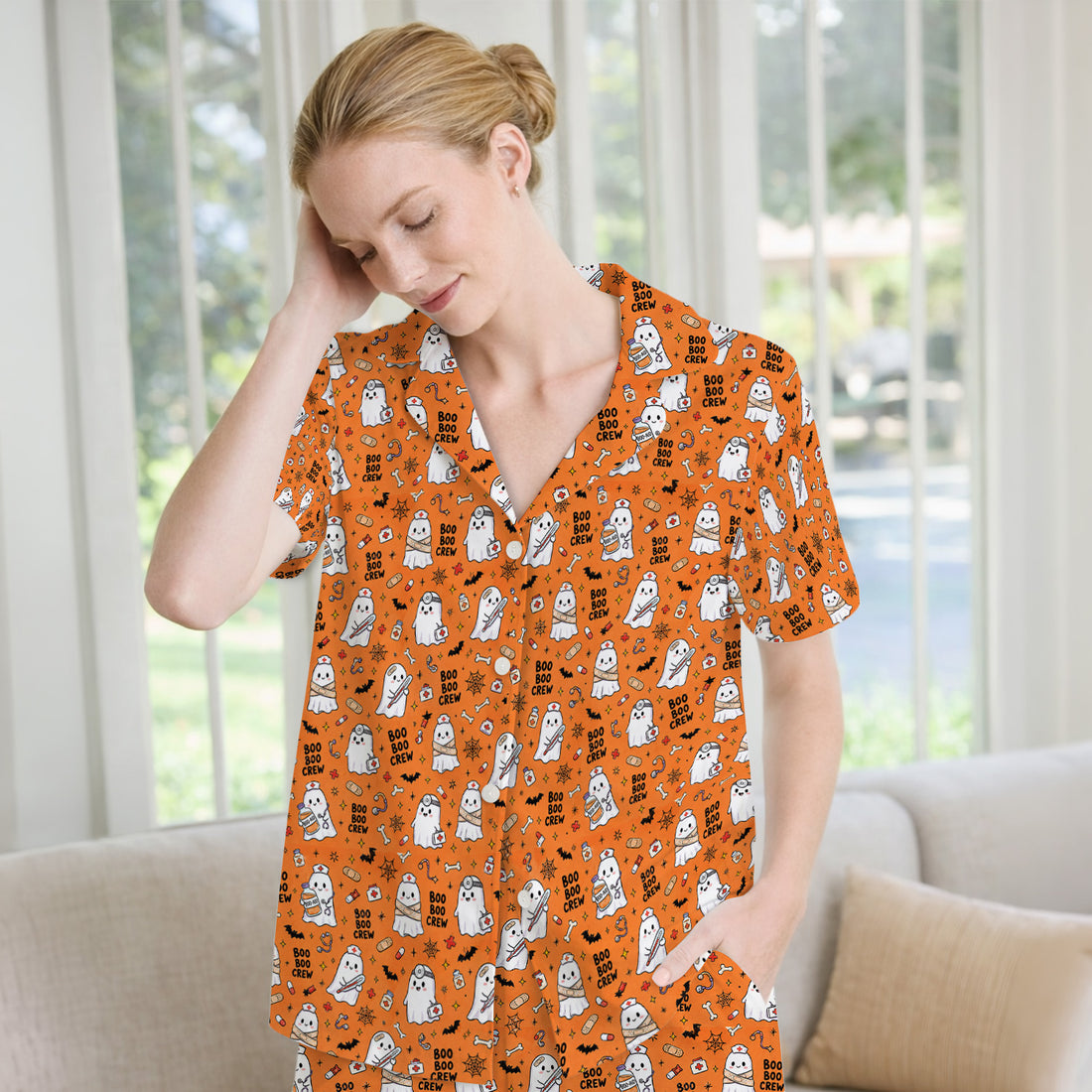 Cute Halloween Boo Boo Crew Ghost Pajama Set, Soft Breathable Fabric Comfortable Sleepwear
