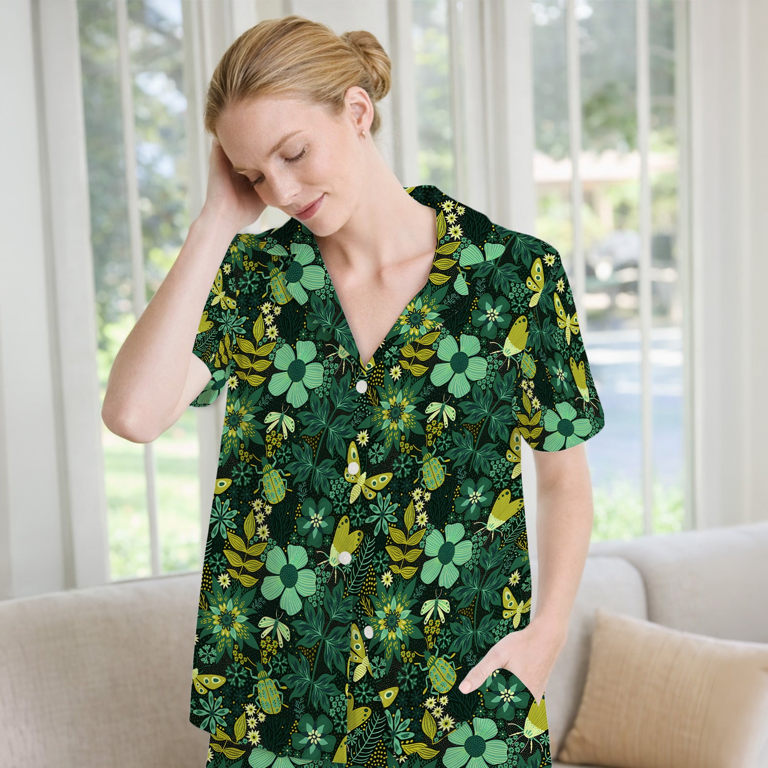 Green Botanical Butterfly Pattern Pajama Set, Soft Breathable Fabric Comfortable Sleepwear