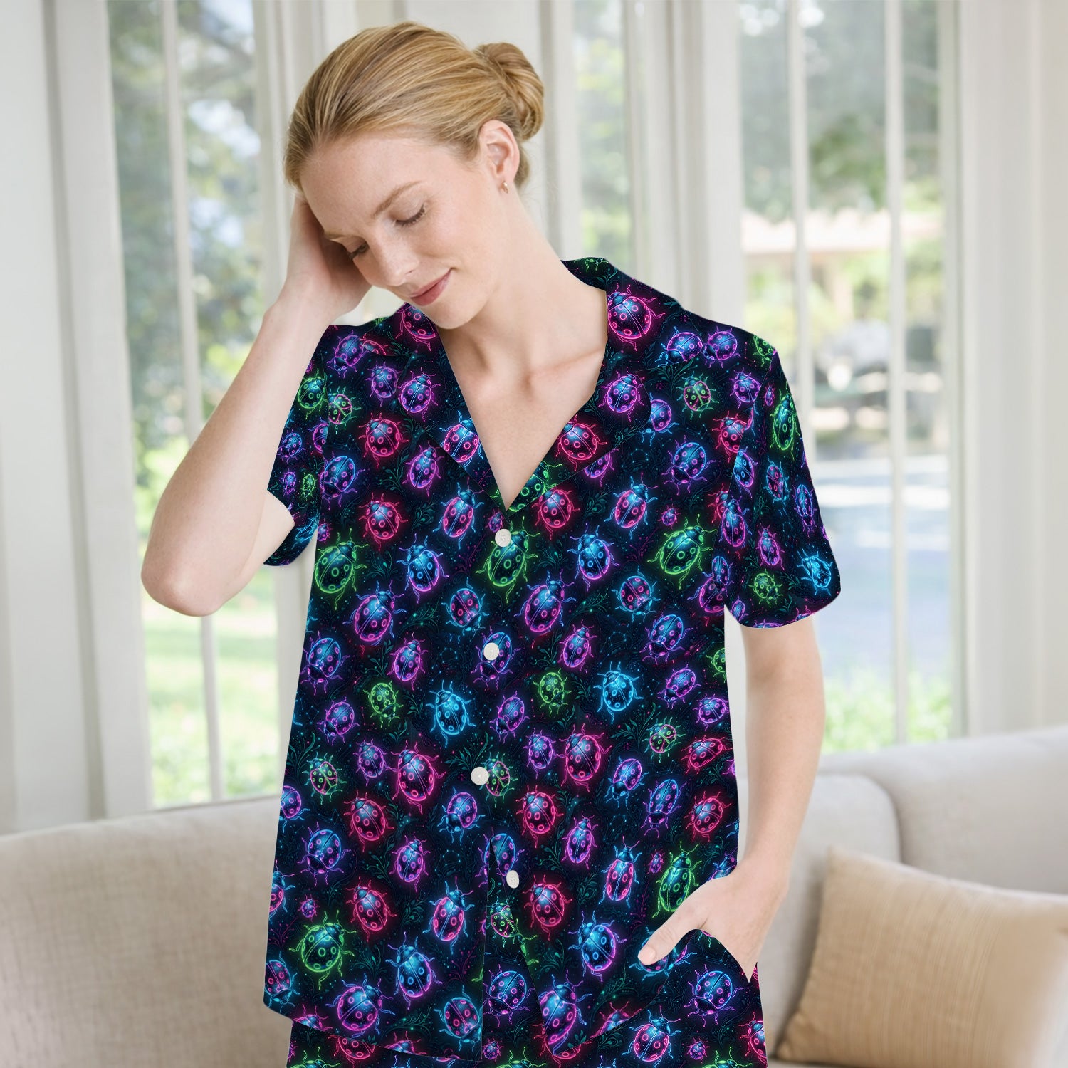 Colorful Neon Ladybug Pattern Pajama Set, Soft Breathable Fabric Comfortable Sleepwear