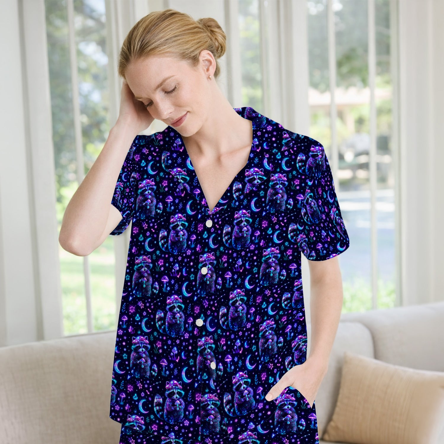 Neon Mushroom Raccoon Moonlight Pattern Pajama Set, Soft Breathable Fabric Comfortable Sleepwear