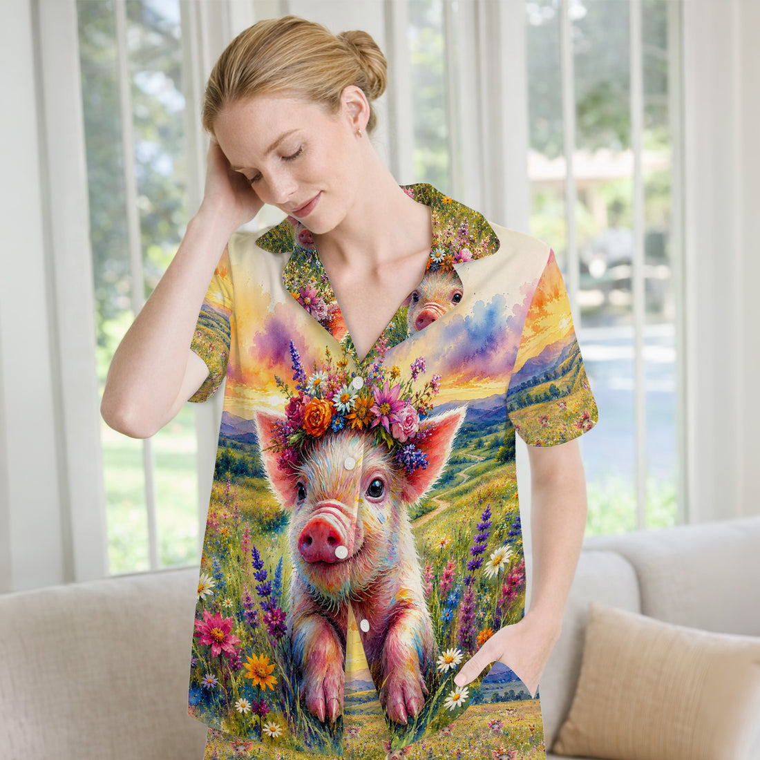 Cute Floral Piglet Pediatric Pattern Pajama Set, Soft Breathable Fabric Comfortable Sleepwear