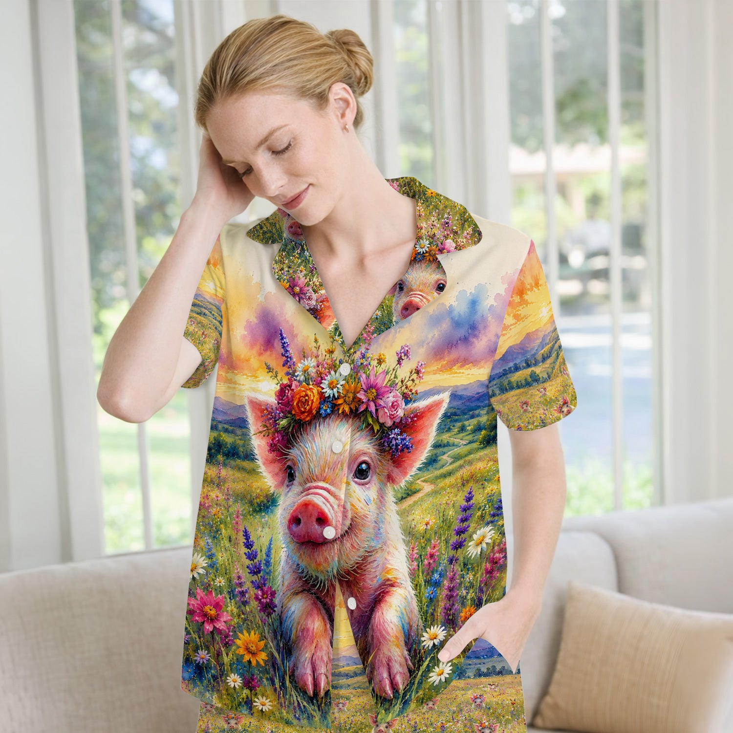 Cute Floral Piglet Pediatric Pattern Pajama Set, Soft Breathable Fabric Comfortable Sleepwear
