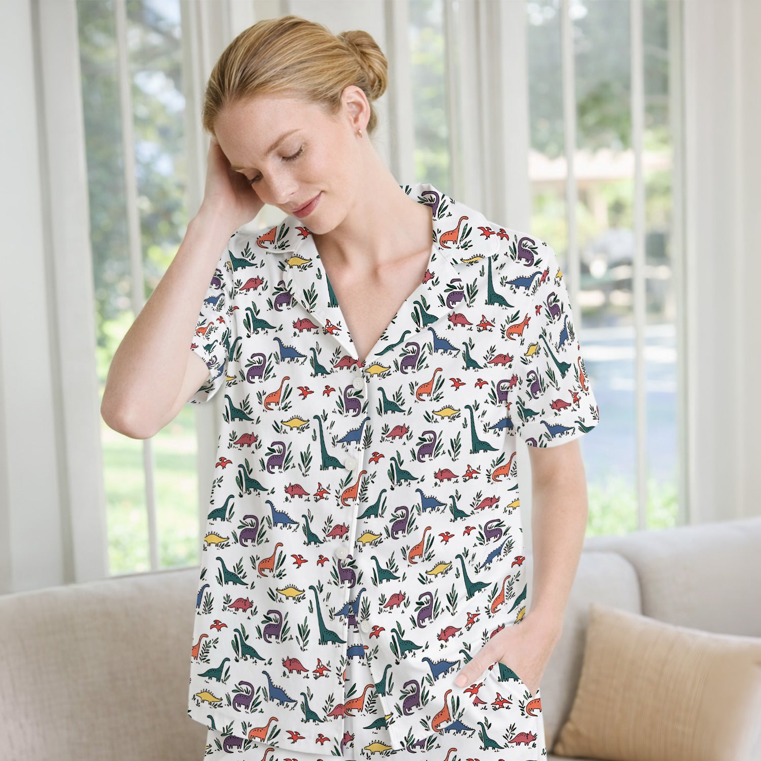 Cute Dinosaur Leafy Garden Pattern Pajama Set, Soft Breathable Fabric Comfortable Sleepwear