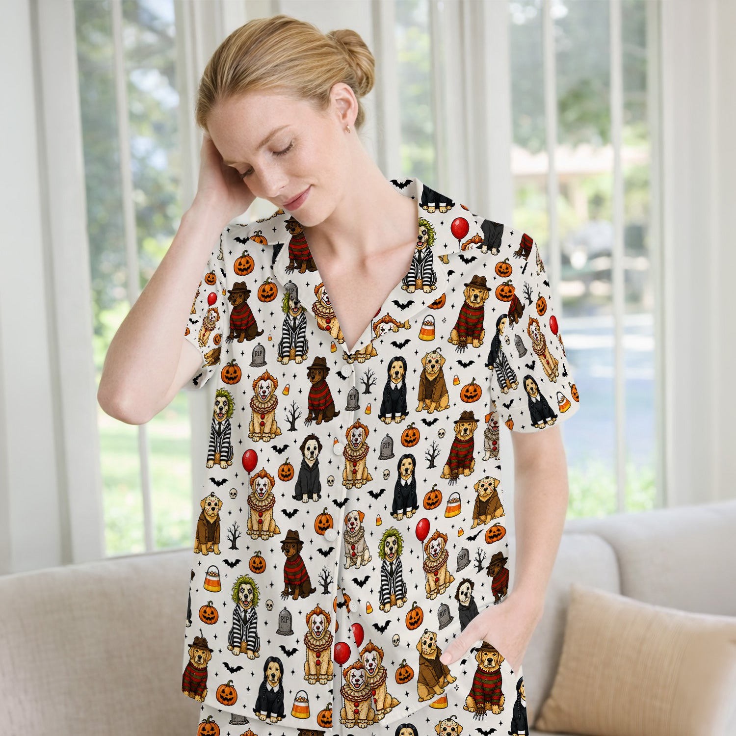 Funny Halloween Dog Pattern Pajama Set, Soft Breathable Fabric Comfortable Sleepwear
