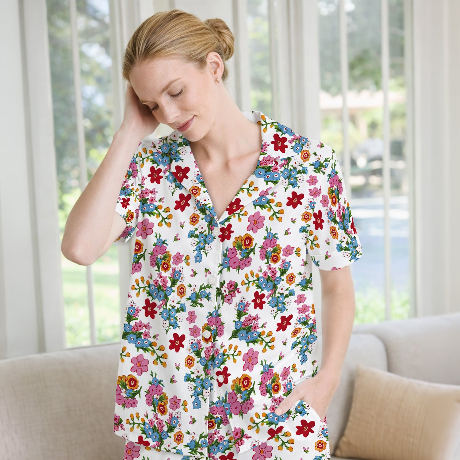Charming Vintage Floral Bouquet Pattern Pajama Set, Breathable Fabrics Uniform