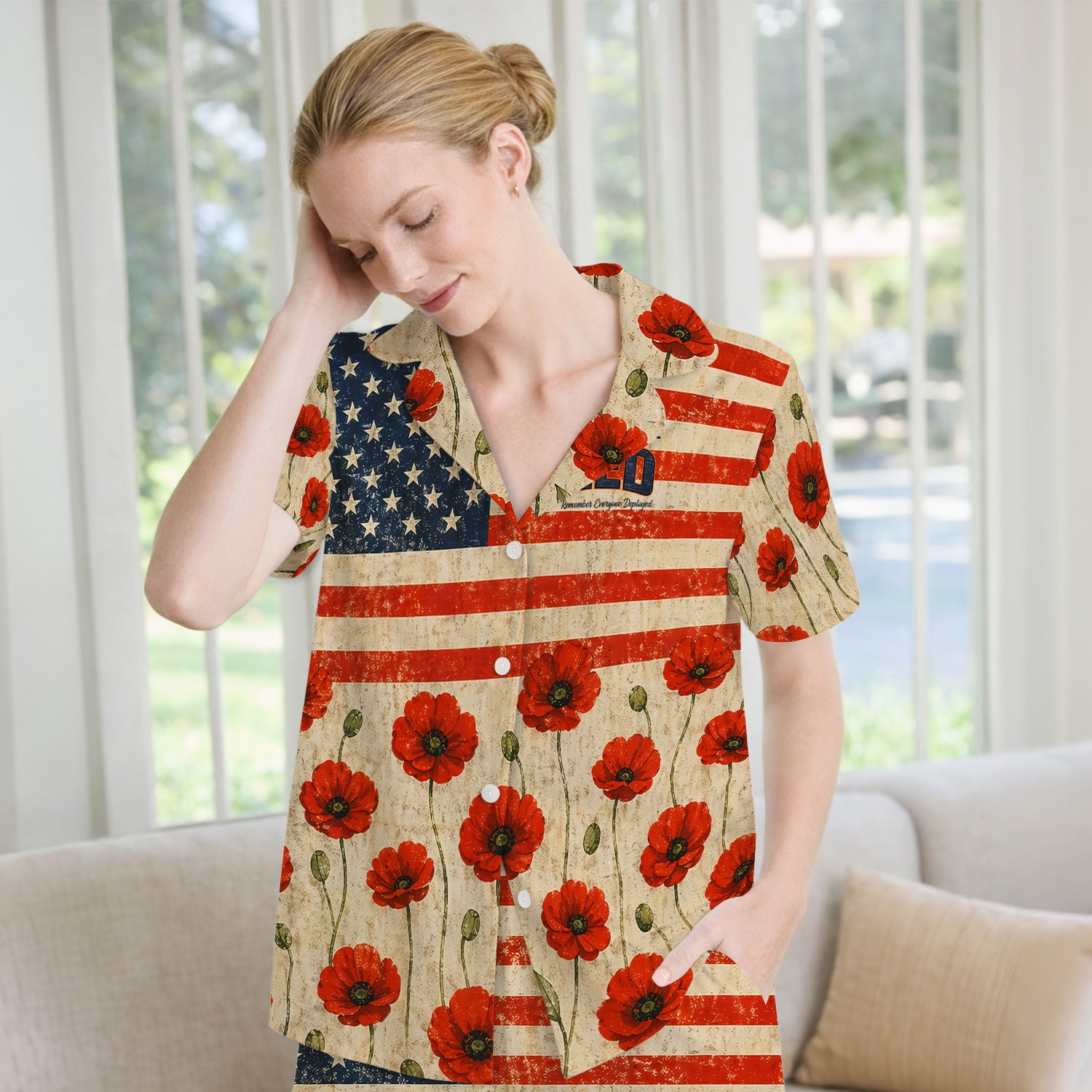 Patriotic American Flag Poppy Flower Pattern Pajama Set, Soft Breathable Fabric Comfortable Sleepwear