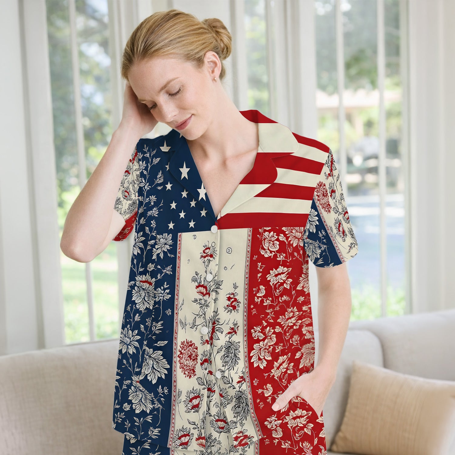 Patriotic Nurse Flag Patchwork Pattern Pajama Set, Soft Breathable Fabric Comfortable Sleepwear