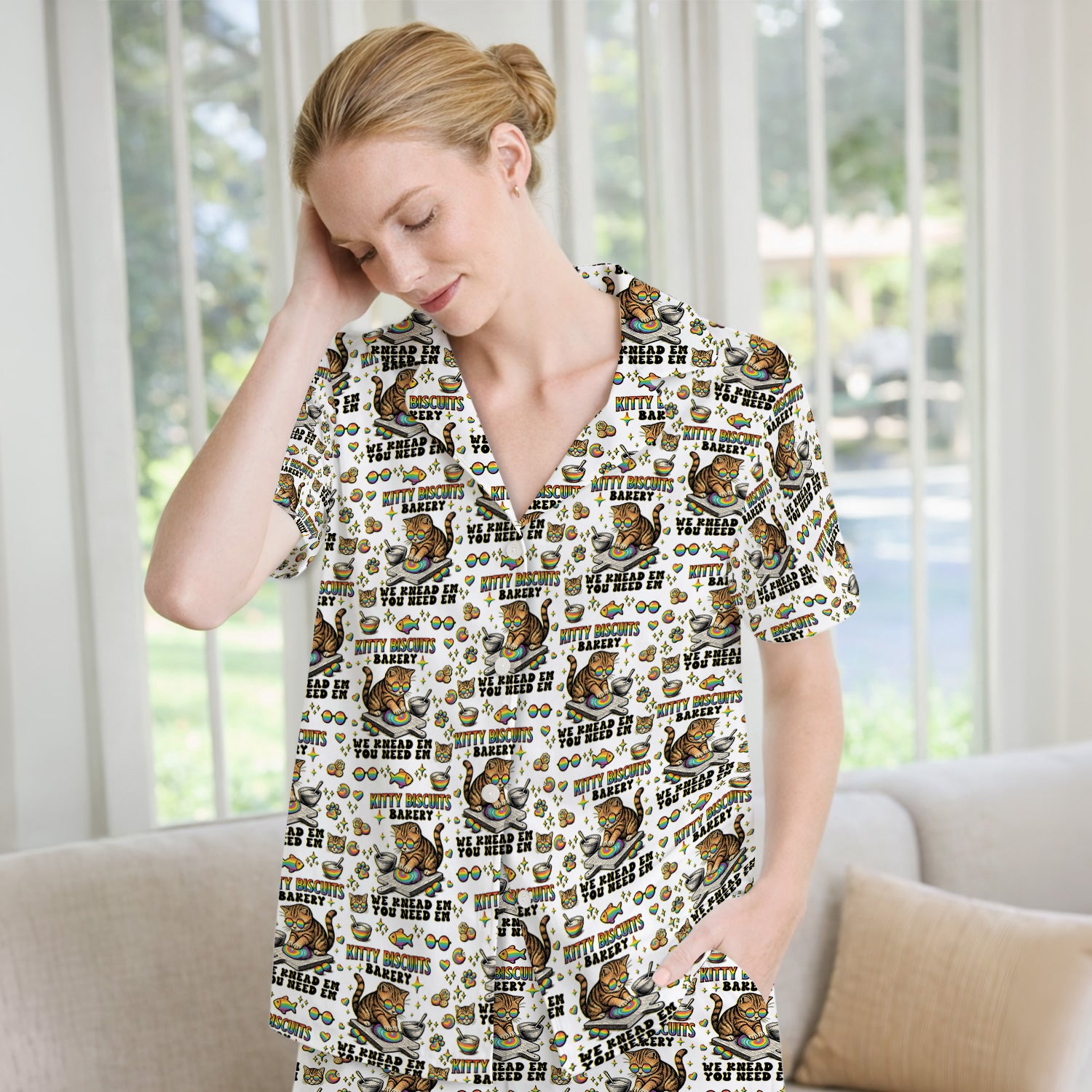 Pride Nurse Cat Baking Rainbow Dough Pattern Pajama Set, Breathable Fabrics Uniform