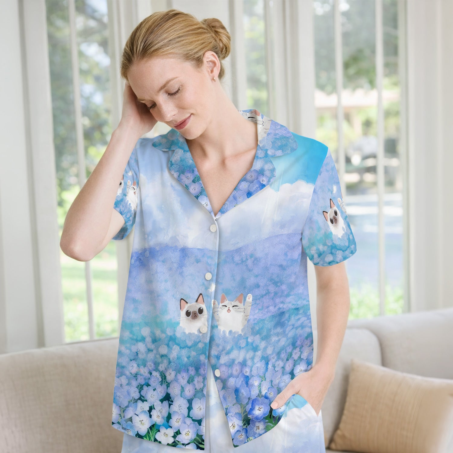 Dreamy Cat Cloud Hydrangea Sky Pattern Pajama Set, Soft Breathable Fabric Comfortable Sleepwear