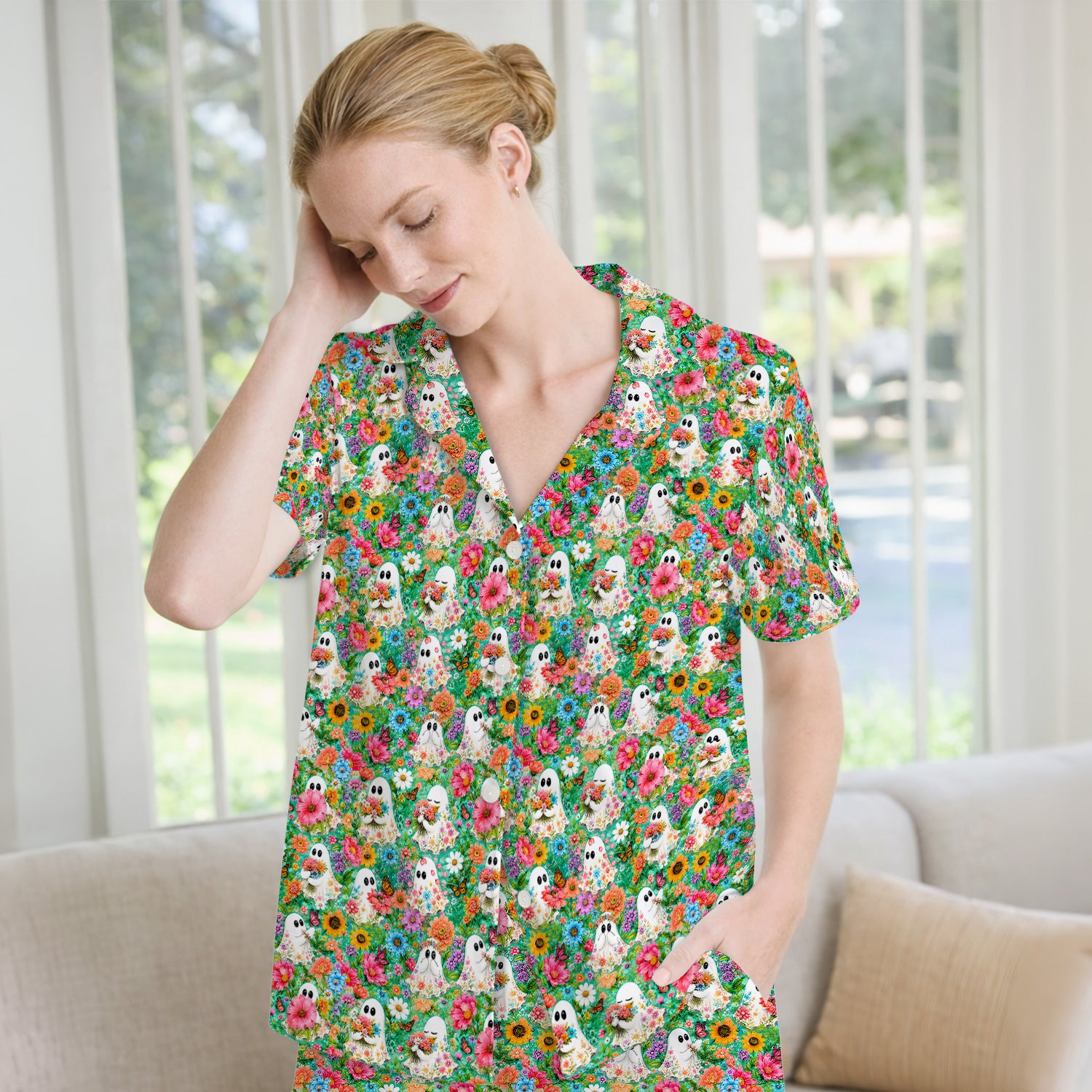 Cute Halloween Floral Ghosts Pajama Set, Soft Breathable Fabric Comfortable Sleepwear