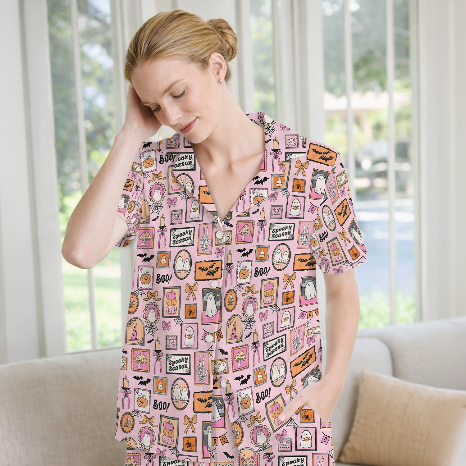 Pink Halloween Ghost Gallery Print Pajama Set, Soft Breathable Fabric Comfortable Sleepwear