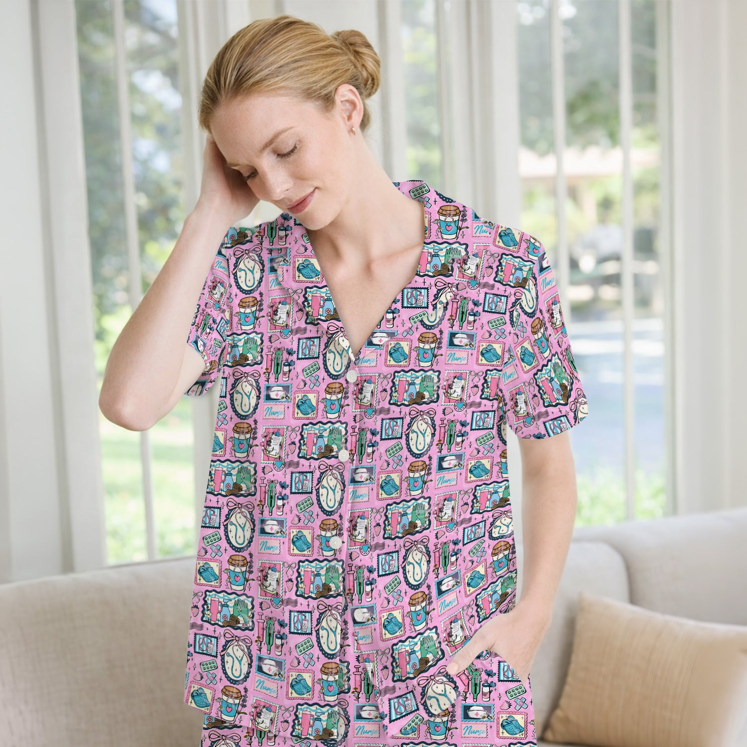 Medical Tools Stethoscope Syringe Frame Pajama Set, Breathable Fabrics Uniform
