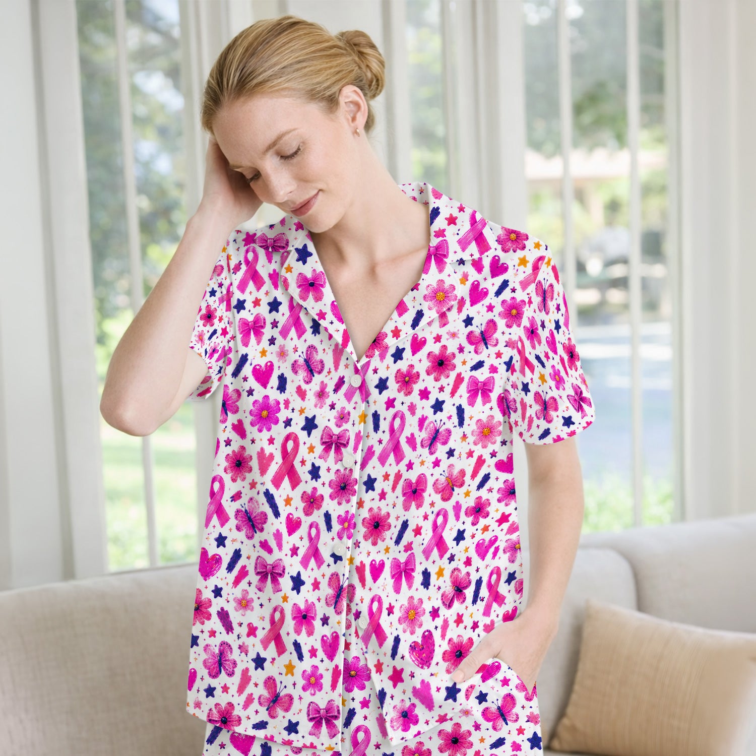 Pink Ribbon Floral Pattern Pajama Set, Soft Breathable Fabric Comfortable Sleepwear