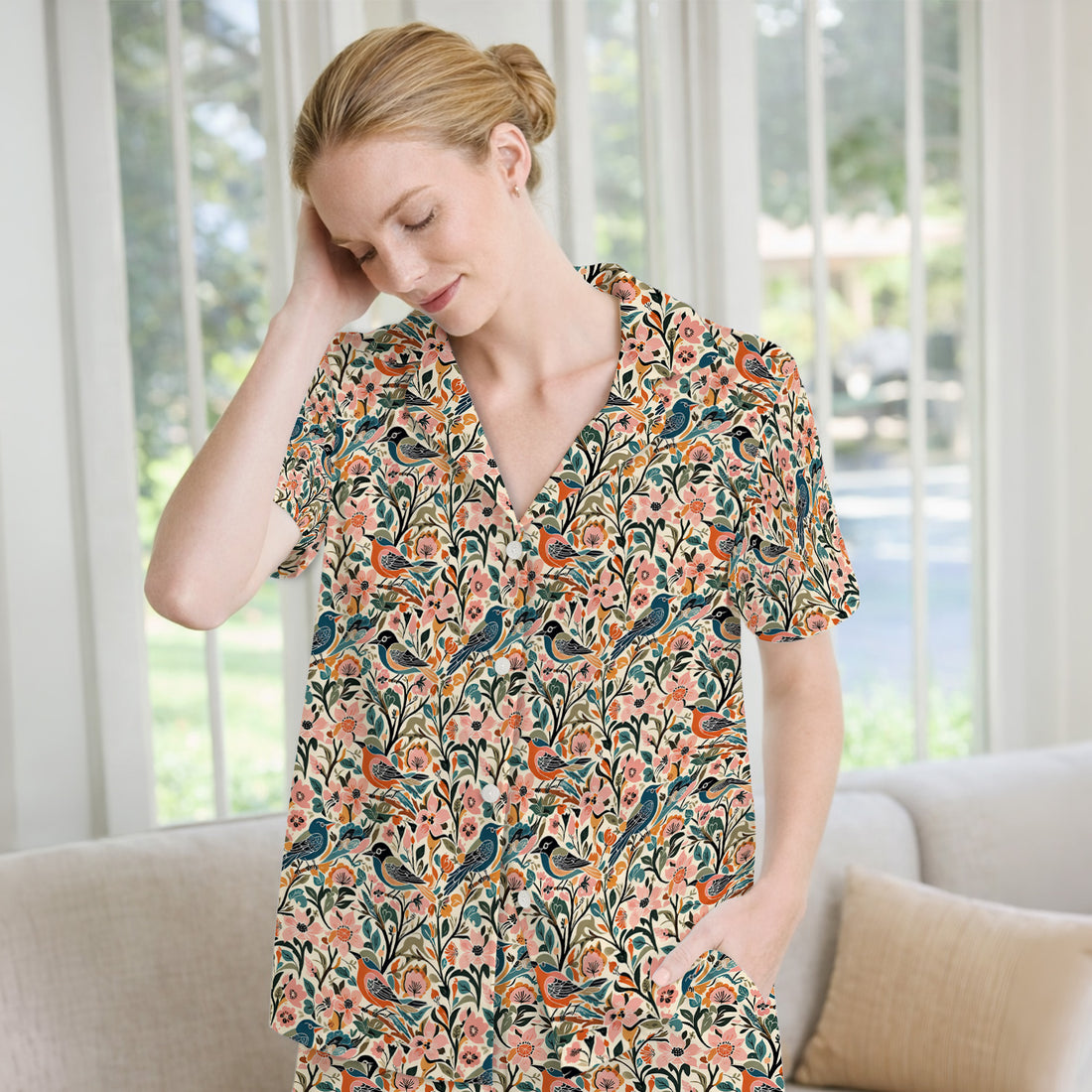 Folk Art Songbird Floral Pattern Pajama Set, Soft Breathable Fabric Comfortable Sleepwear