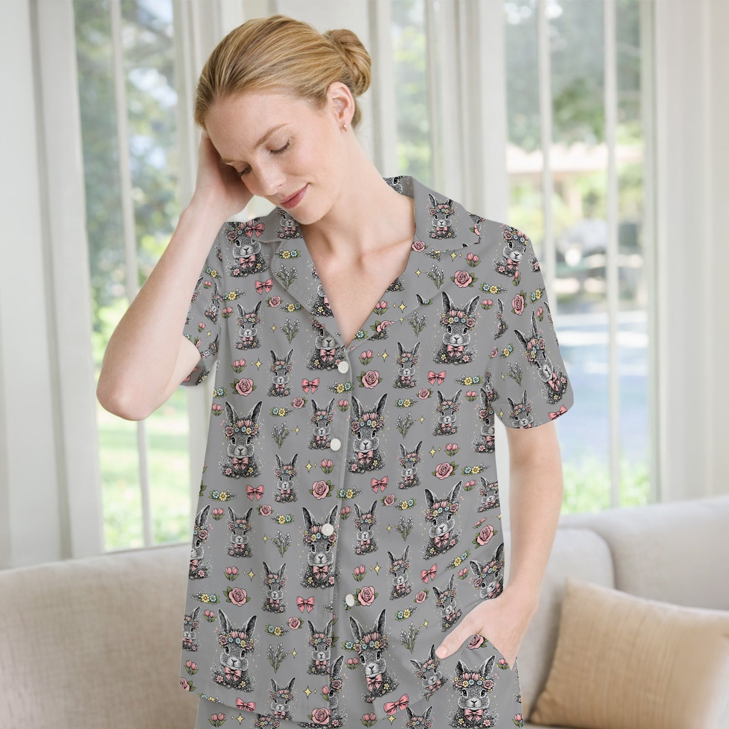 Easter Vintage Floral Bunny Print Pajama Set, Breathable Fabrics Uniform