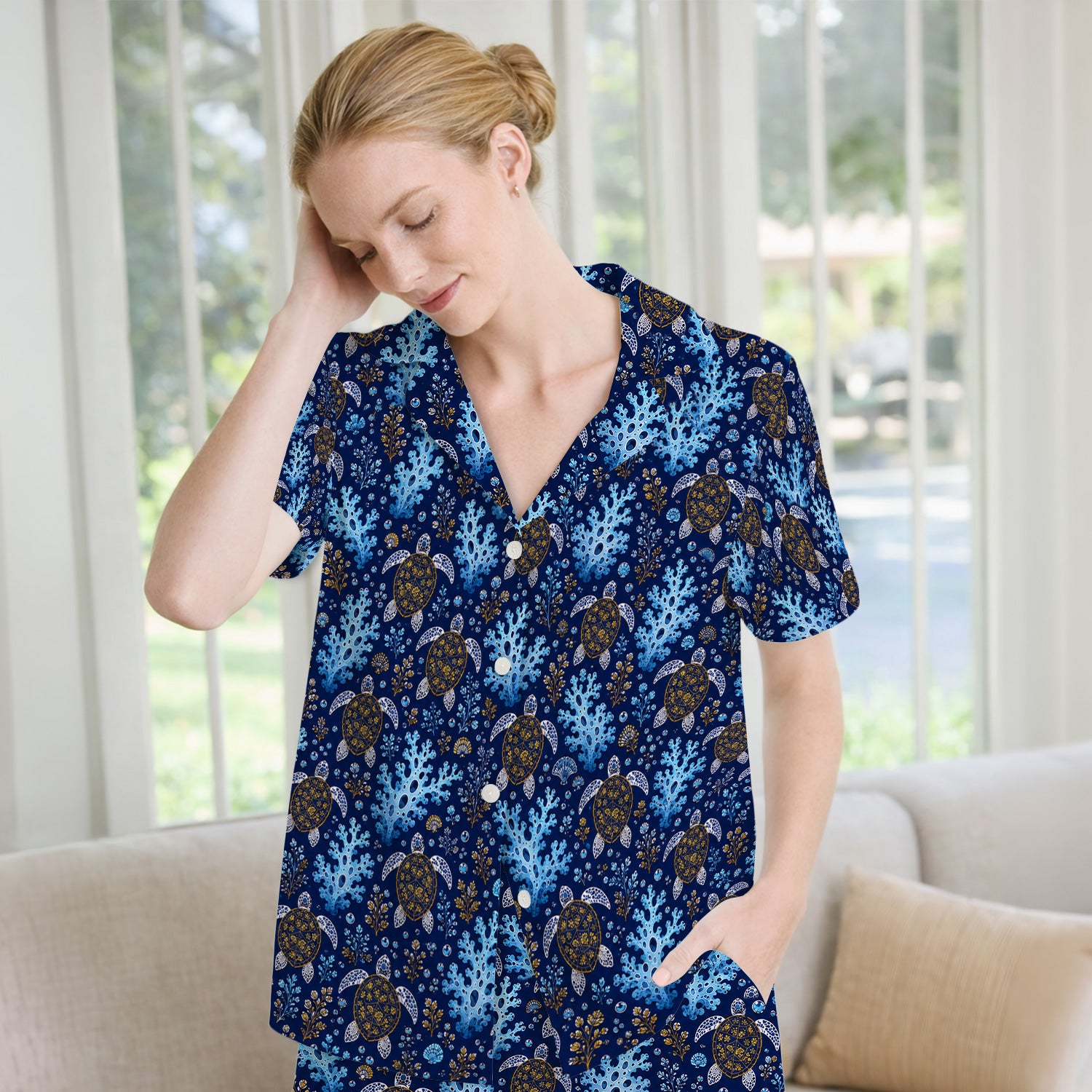 Ocean Turtle Coral Nurse Pattern Pajama Set, Soft Breathable Fabric Comfortable Sleepwear