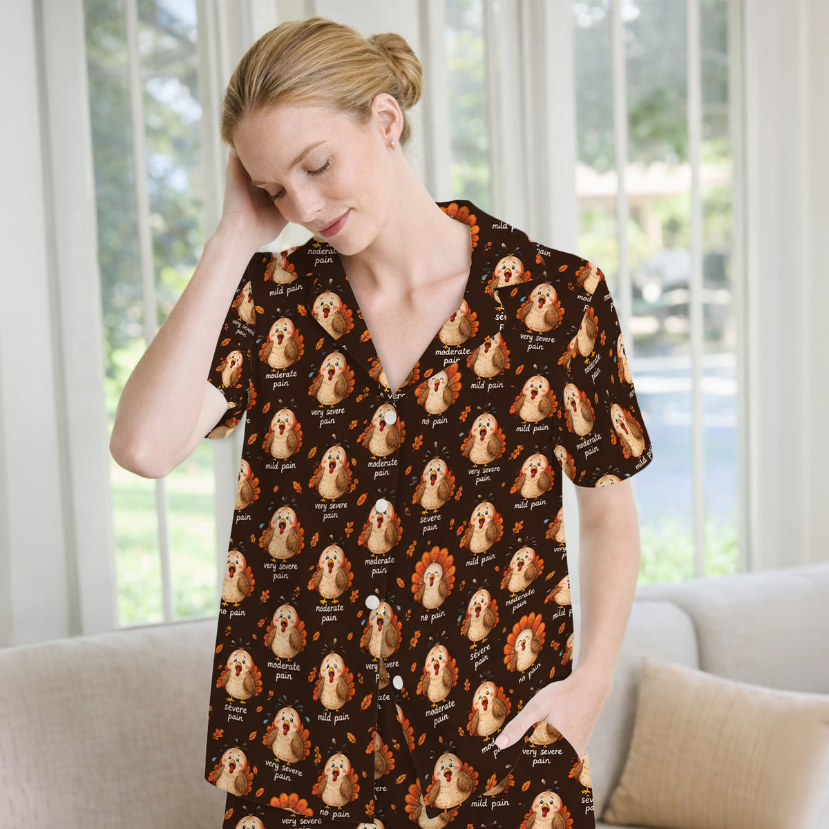 Funny Thanksgiving Turkey Pain Scale Pattern Pajama Set, Soft Breathable Fabric Comfortable Sleepwear