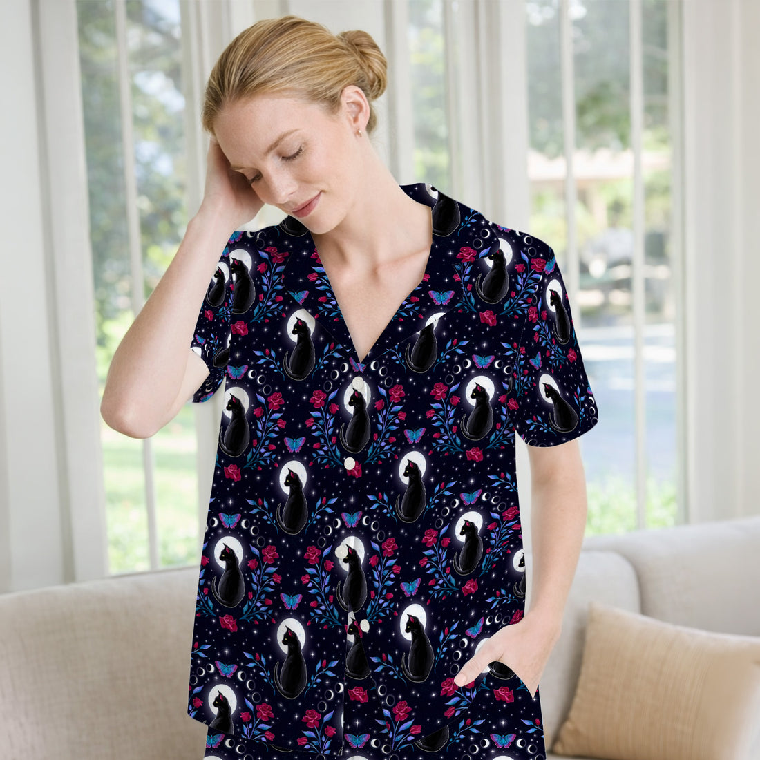 Black Cat Moon Rose Print Pajama Set, Soft Breathable Fabric Comfortable Sleepwear