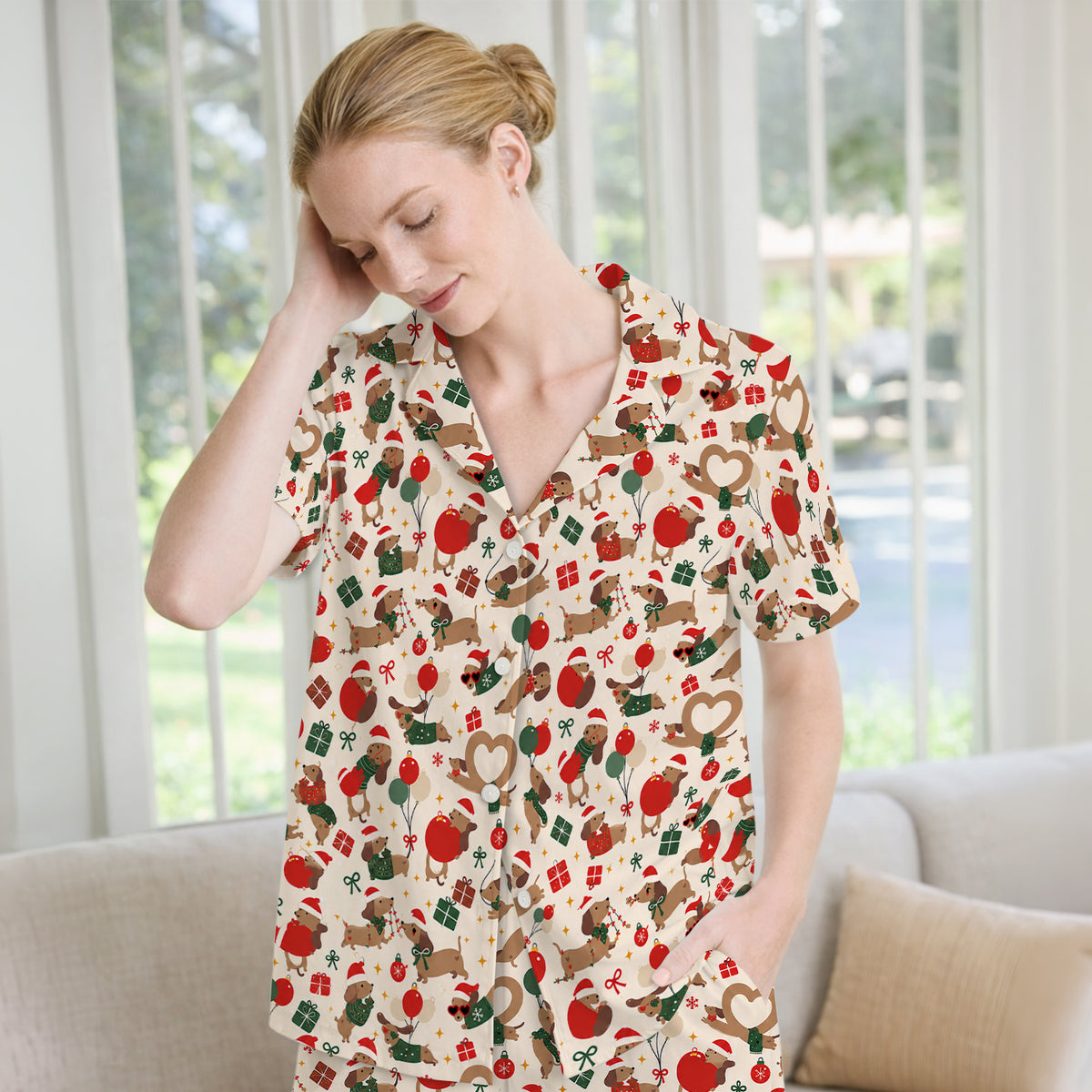 Cute Christmas Dachshund Pattern Pajama Set, Soft Breathable Fabric Comfortable Sleepwear