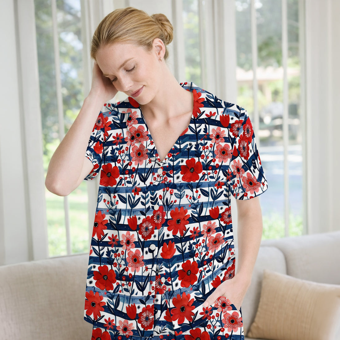 Red Poppy Navy Stripe Pattern Pajama Set, Soft Breathable Fabric Comfortable Sleepwear