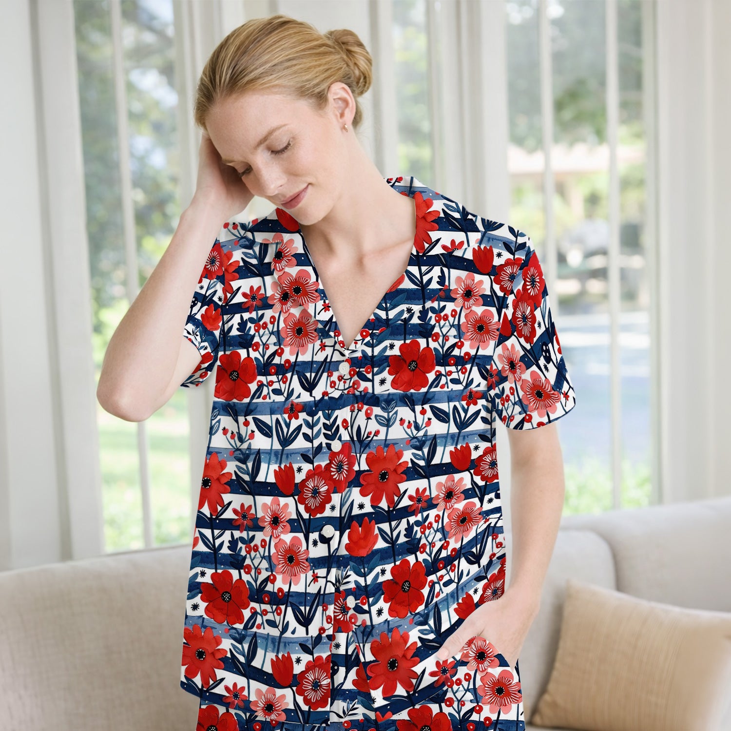 Red Poppy Navy Stripe Pattern Pajama Set, Soft Breathable Fabric Comfortable Sleepwear