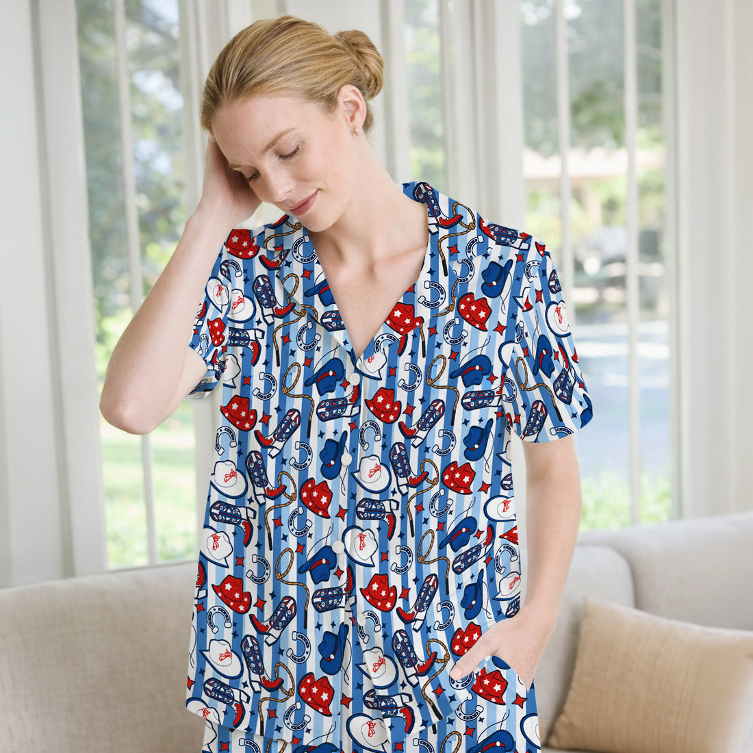 Western Cowboy Boots And Hats PrintPajama Set, Soft Breathable Fabric Comfortable Sleepwear