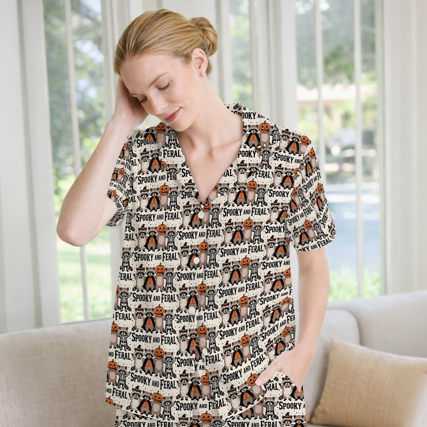 Spooky and Feral Raccoon Print Pajama Set, Soft Breathable Fabric Comfortable Sleepwear
