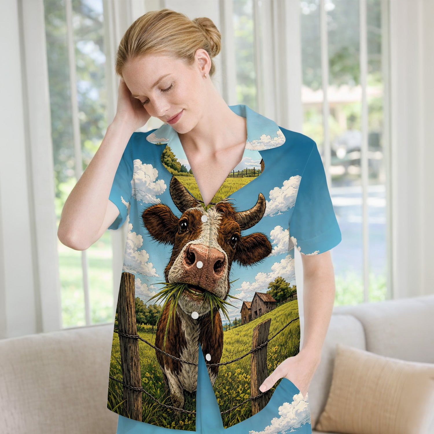 Curious Highland Cow Farm Scene Pajama Set, Soft Breathable Fabric Comfortable Sleepwear