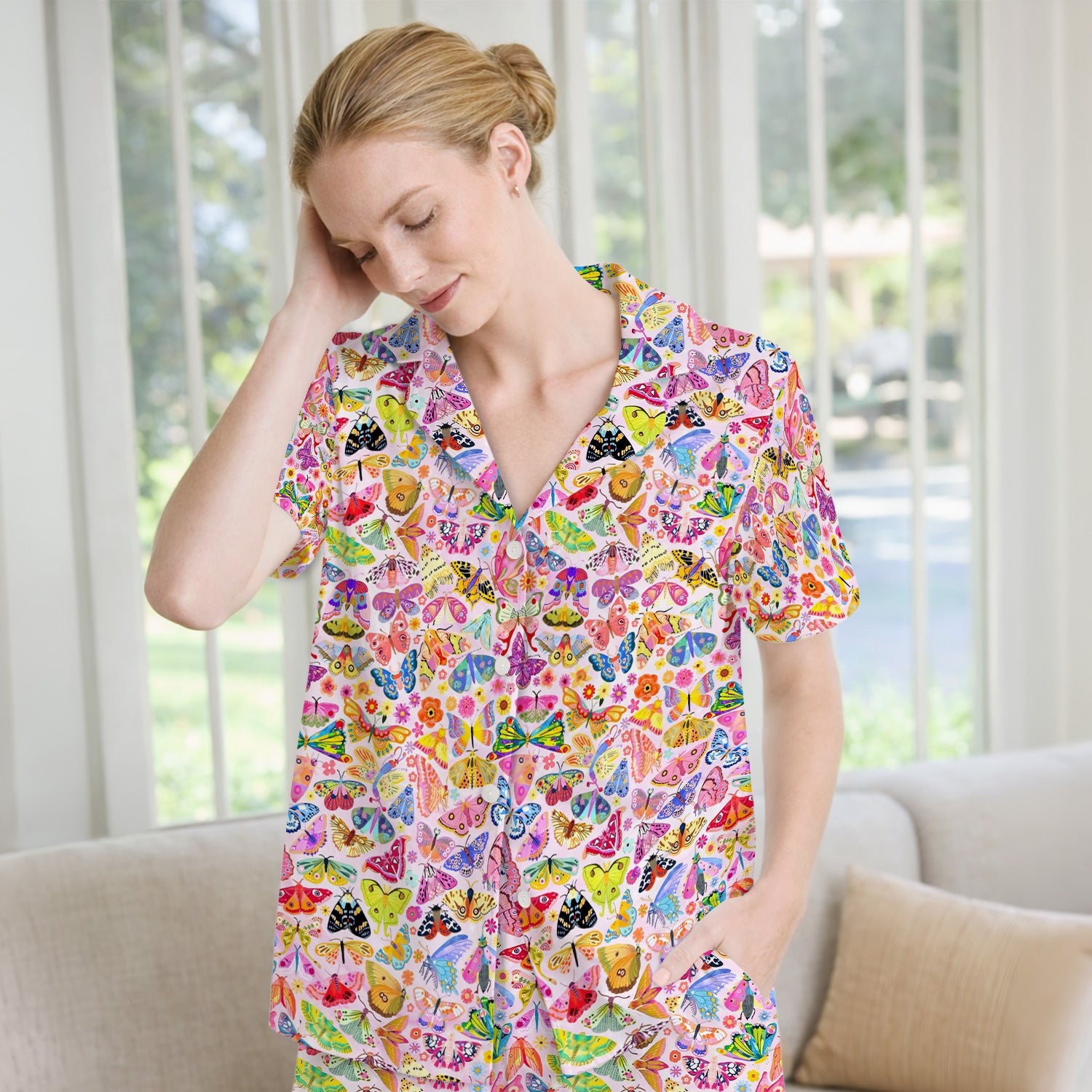 Cute Bright Butterfly Moth Floral Pajama Set, Soft Breathable Fabric Comfortable Sleepwear