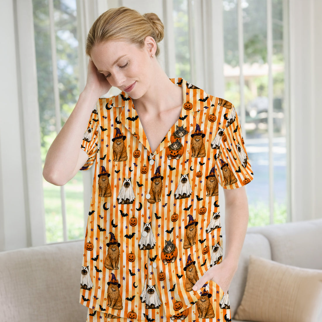 Halloween Cat Print Pajama Set, Soft Breathable Fabric Comfortable Sleepwear